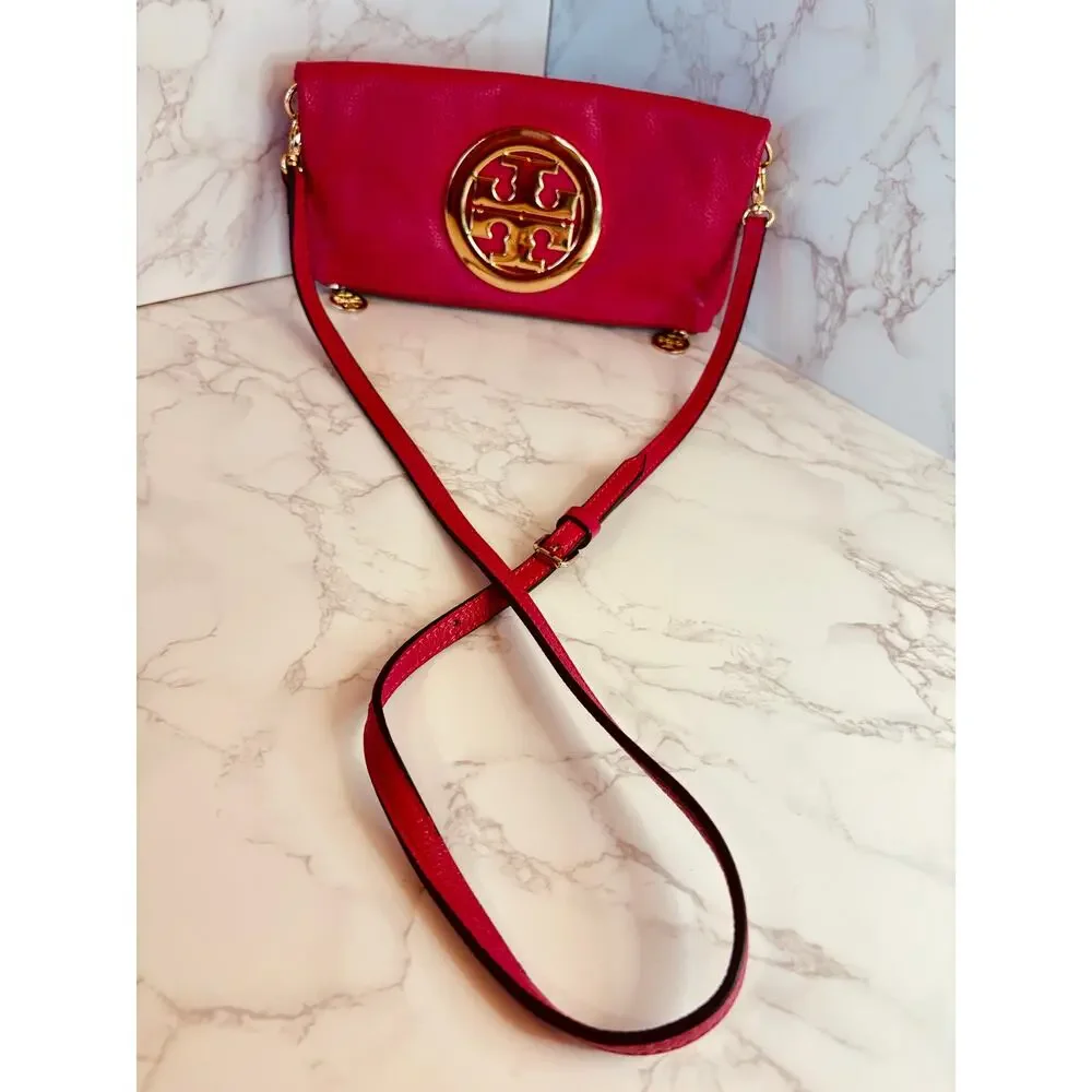 TORY BURCH Amanda Foldover Clutch Crossbody w/Pink Leather w/Golden Accents, EUC